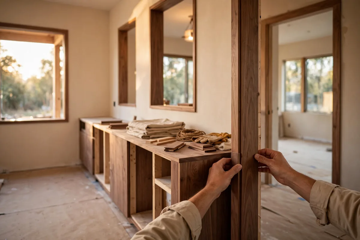 Wooden cabinets being fitted in a room under construction