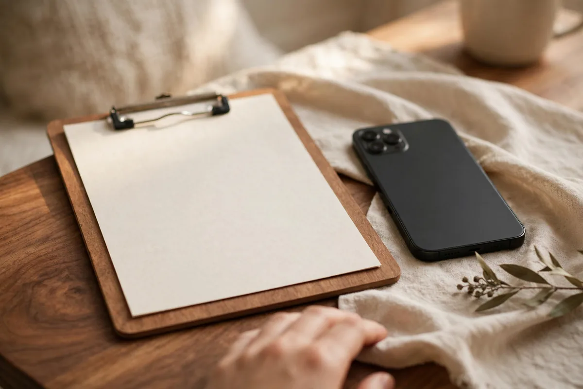 A clipboard and a phone